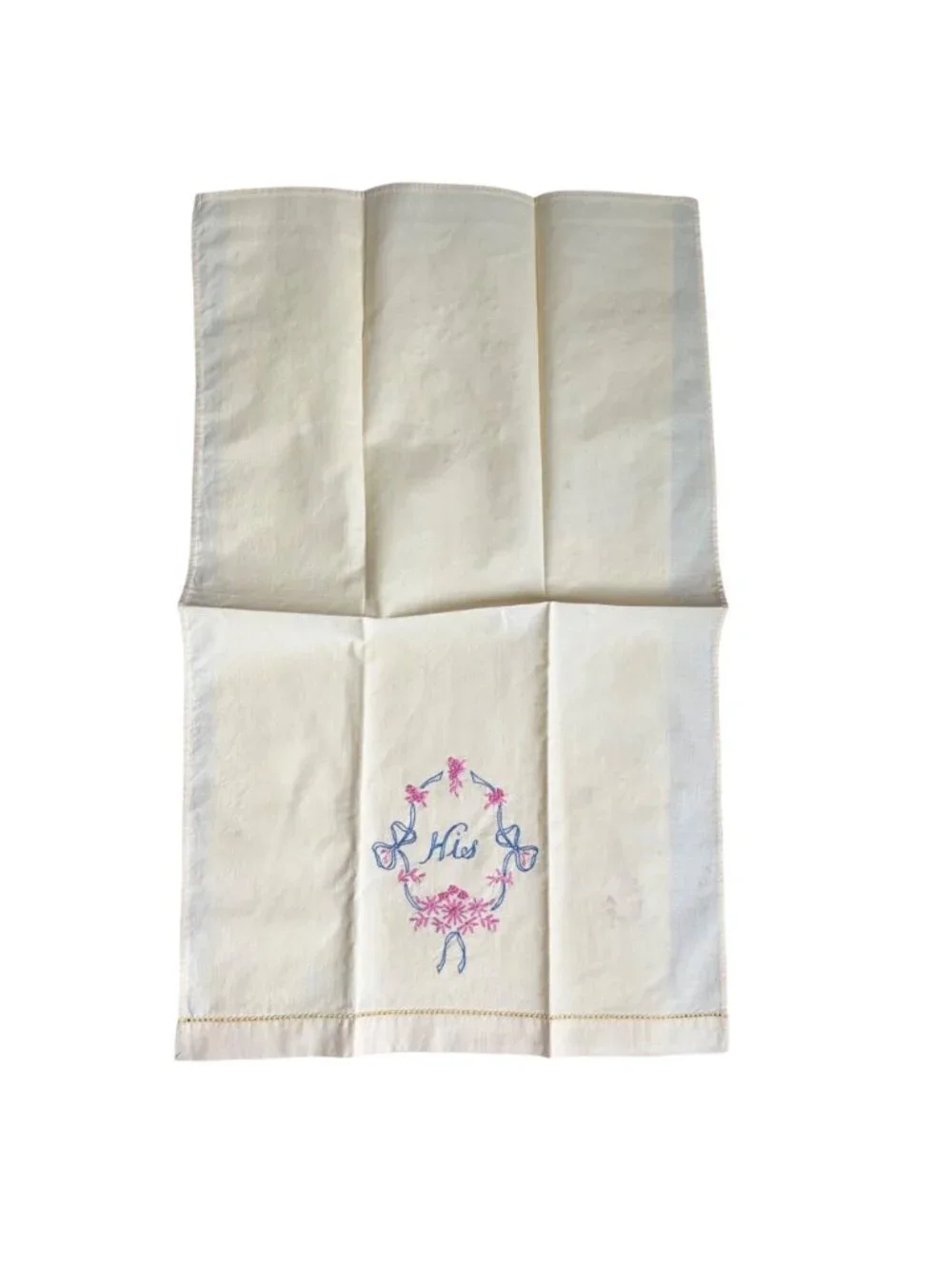Vintage His Hers Embroidered Yellow Guest Towels Pink Blue Floral Design Pair